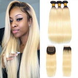 Ombre 1B/613 Blonde Straight 4x4 Closure with 3 PCS Top Quality Bundles