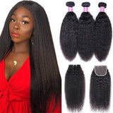 Kinky Straight 3pcs Bundles with 4x4 Closure Remy Human Hair Weave with Closure