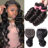 Brazilian Remy Hair Loose Wave 4x4 Closure with 3 PCS Top Quality Bundles