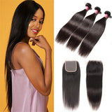 Straight 3pcs Bundles with 4x4 Closure Remy Human Hair Weave with Closure