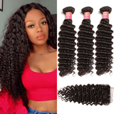 Brazilian Remy Hair Deep Wave 4x4 Closure with 3 PCS Top Quality Bundles