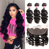 Brazilian Loose Wave 13x4 Ear to Ear Lace Frontal with 3 PCS Top Quality Bundles