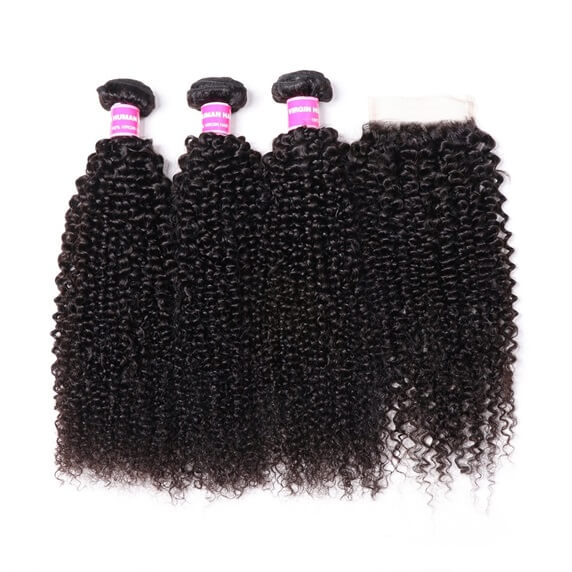 Kinky Curly 3pcs Bundles with 4x4 Closure Remy Human Hair Weave with Closure