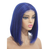 Short Straight Blue Bob Virgin Human Hair 200% Density Lace Front Wigs