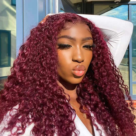 Affordable 99j 20-30inch 150% Density Curly Burgundy 13x4 Lace Front Wigs