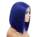 Short Straight Blue Bob Virgin Human Hair 200% Density Lace Front Wigs
