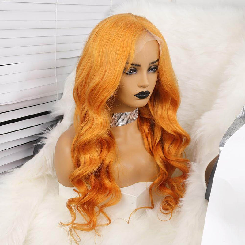 Orange Body Wave Silk Long Wavy Remy Human Hair Transparent Lace Front Wigs