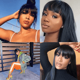 Long Silk Virgin Hair Straight Lace Front Wigs with Bangs For Black Women
