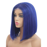 Short Straight Blue Bob Virgin Human Hair 200% Density Lace Front Wigs