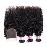 Kinky Curly 3pcs Bundles with 4x4 Closure Remy Human Hair Weave with Closure