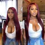 Long Silk Vibrant Burgundy Straight Virgin Hair 99J Lace Front Wigs