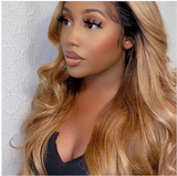 Kash Doll Style Black Roots Honey Brown Ombre Loose Wave Lace Frontal Wig
