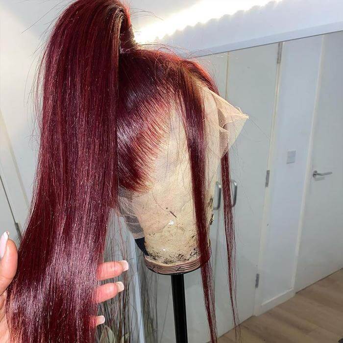 Long Silk Vibrant Burgundy Straight Virgin Hair 99J Lace Front Wigs