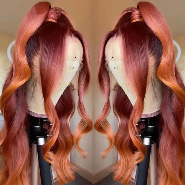Brown&Orange Ginger Highlight Brown Colored Body Wave Lace Front Wigs