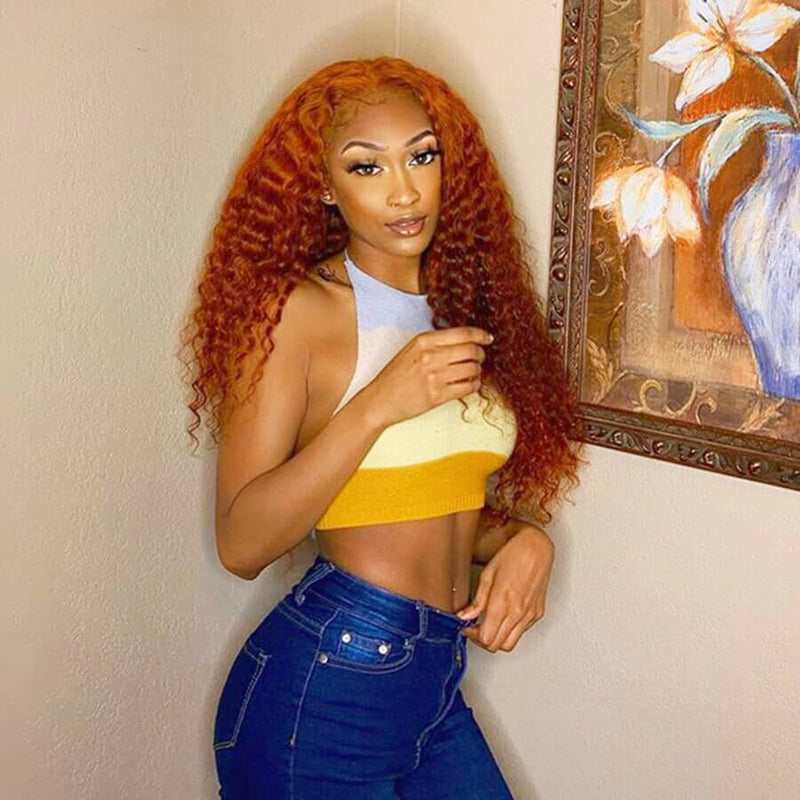 Ginger Curly Orange Lace Front Wigs 100% Virgin Human Hair Deep Curl Wigs