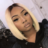 Black Roots Ombre Blonde Color Straight Bob 13*6 Lace Frontal Wig