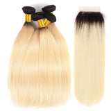 Ombre 1B/613 Blonde Straight 4x4 Closure with 3 PCS Top Quality Bundles