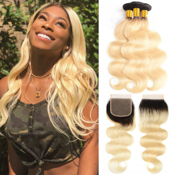 Ombre 1B/613 Blonde Body Wave 5x5 Closure with 3 PCS Brazilian Bundles