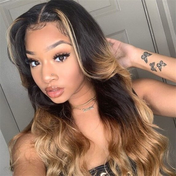 Long Highlight Body Wave 100% Virgin Human Hair Wavy Lace Front Wigs