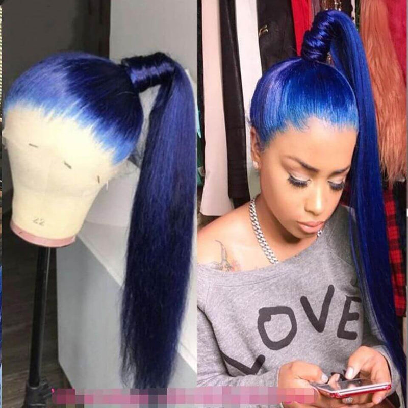 Drak Blue Straight 100% Virgin Human Hair Lace Front Wigs with Baby Hair