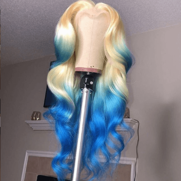 Ombre Blonde&Blue Body Wave Lace Front Wigs 100% Virgin Human Hair