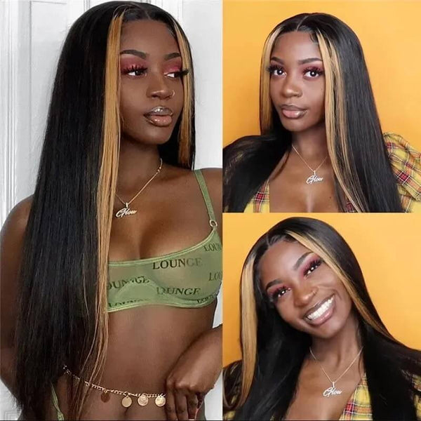 Long Highlight Straight Remy Hair Lace Front Wigs For Black Women