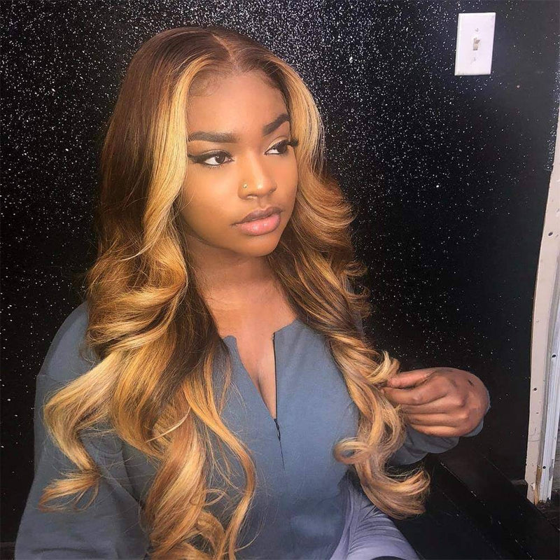 Classic Body Wave Long Highlight Remy Hair 200% Density Wavy Lace Front Wigs