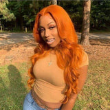 Orange Body Wave Silk Long Wavy Remy Human Hair Transparent Lace Front Wigs