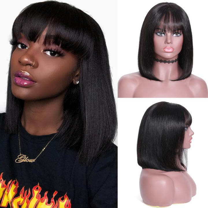 Silk Straight Bob Transparent Lace Front Wigs with Bangs 100% Virgin Human Hair