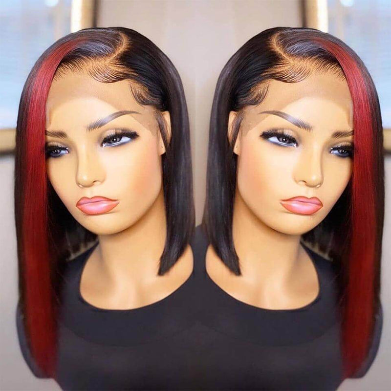 Short Bob with Red Highlight Transparent Lace Front Wigs 100% Virgin Human Hair