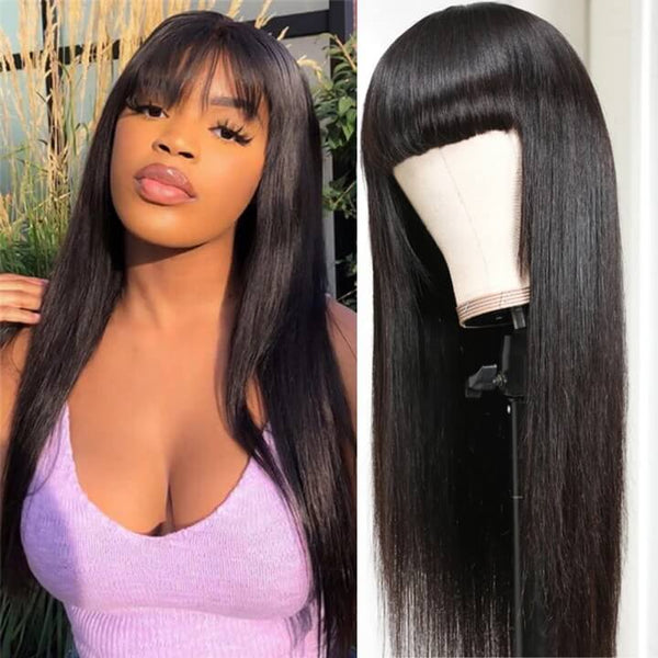 Long Silk Virgin Hair Straight Lace Front Wigs with Bangs For Black Women