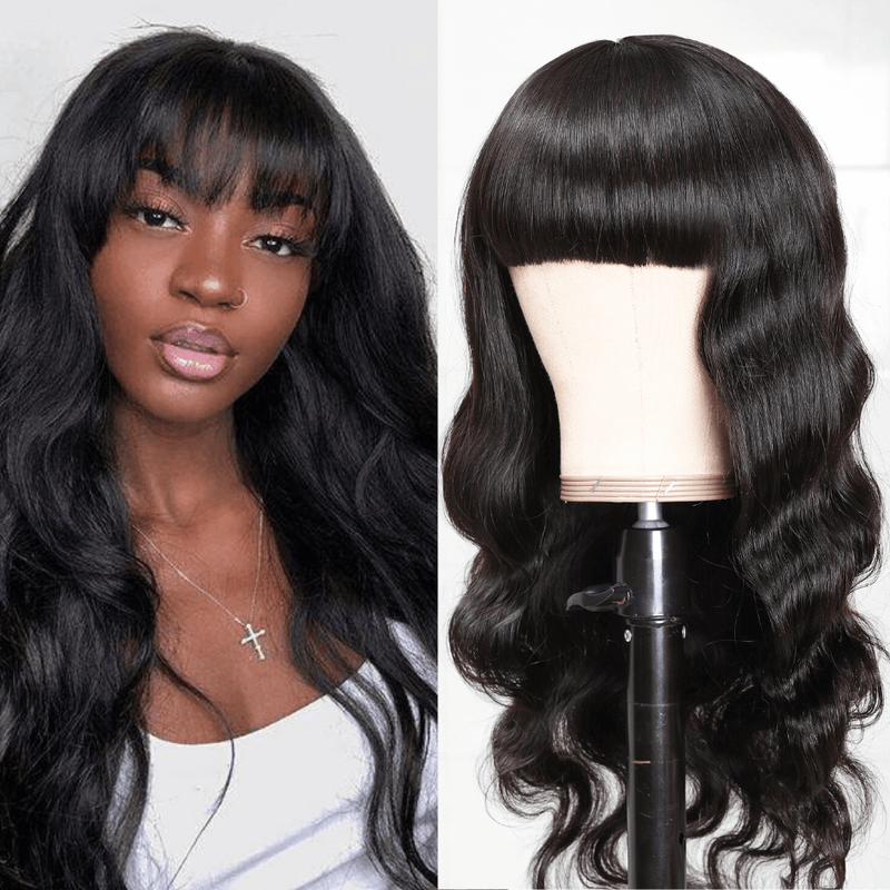 Long Silk Body Wave Virgin Hair Transparent Lace Front Wigs with Bangs