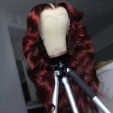 Black Roots Vibrant Burgundy Body Wave Lace Frontal Wig