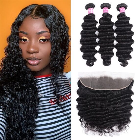 Loose Deep Wave 13x4 Ear to Ear Lace Frontal with 3 PCS Brazilian Bundles