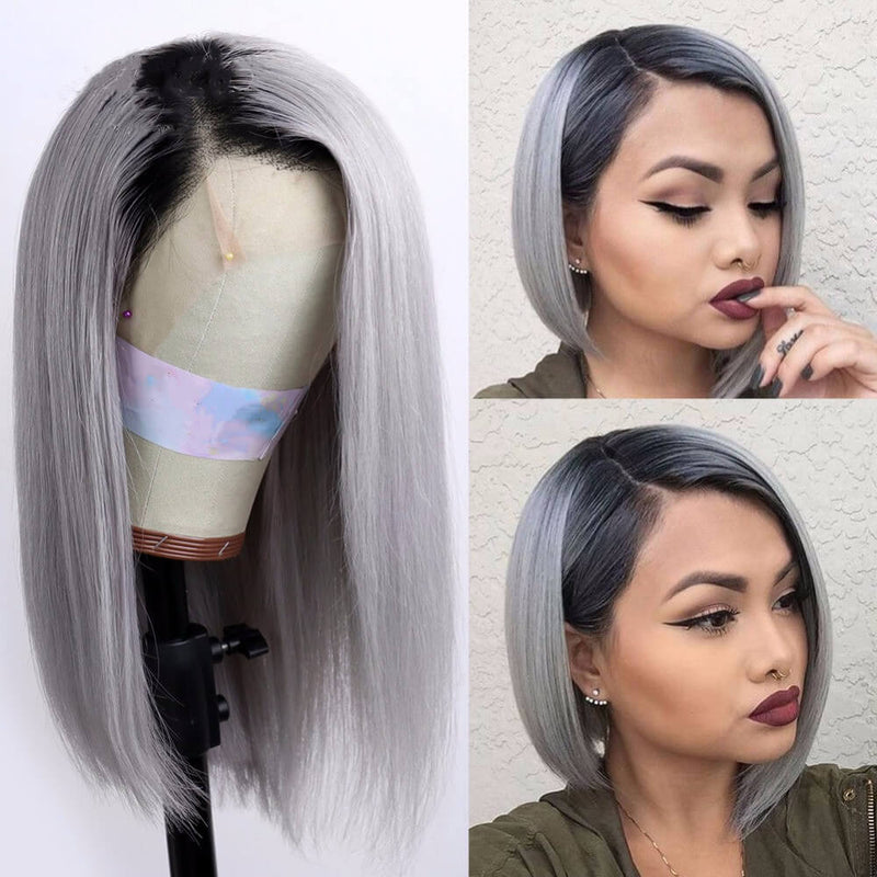 Ombre 1B/Grey Straight Bob Lace Front Wigs 12A Virgin Human Hair Luxurious Wigs