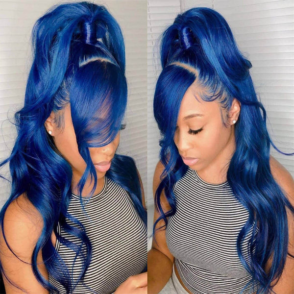 Dark Blue Body Wave Lace Front Wigs 100% Virgin Human Hair Wavy Wigs with Bangs