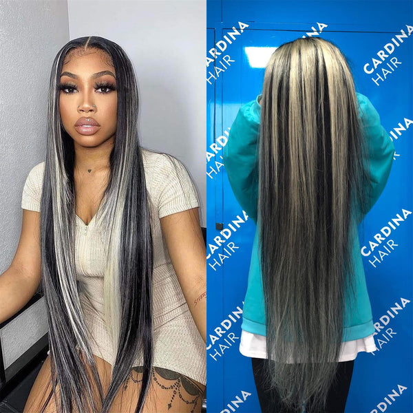 Blonde&Black Highlight Straight Transparent Lace Front Wigs 12A Virgin Human Hair