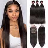 Straight 3pcs Bundles with 5x5 Closure Remy Human Hair Weave with Closure