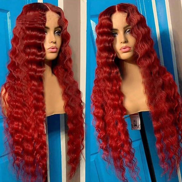 Red Deep Wave Hair Lace Front Wigs 100% Virgin Human Hair Burgundy Wigs