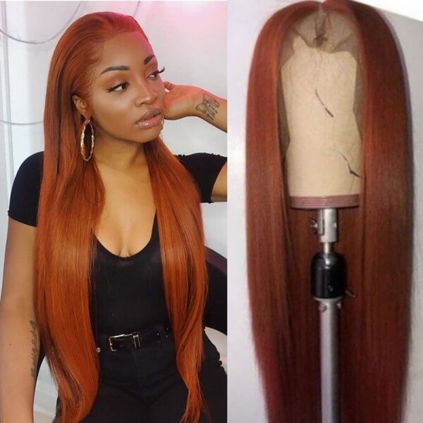 Long Silk Straight Ginger Virgin Hair 200% Density Orange Lace Front Wigs