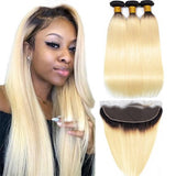 Ombre 1B/613 Blonde Straight 13x4 Lace Frontal with 3 PCS Top Quality Bundles