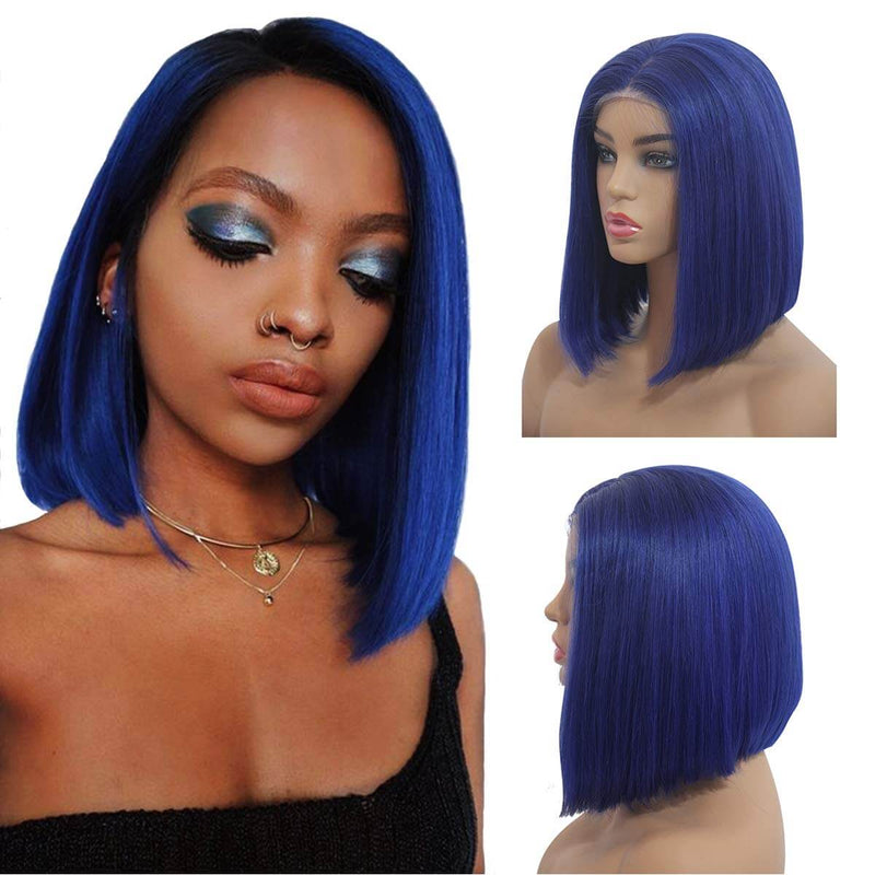 Short Straight Blue Bob Virgin Human Hair 200% Density Lace Front Wigs