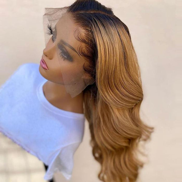 Kash Doll Style Black Roots Honey Brown Ombre Loose Wave Lace Frontal Wig