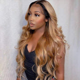 Kash Doll Style Black Roots Honey Brown Ombre Loose Wave Lace Frontal Wig