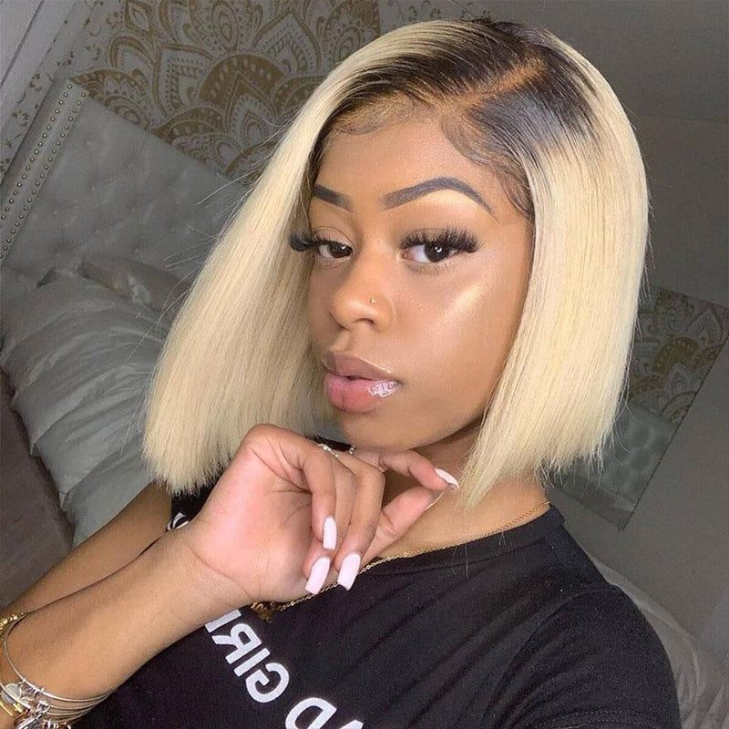 Black Roots Ombre Blonde Color Straight Bob 13*6 Lace Frontal Wig