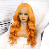 Orange Body Wave Silk Long Wavy Remy Human Hair Transparent Lace Front Wigs