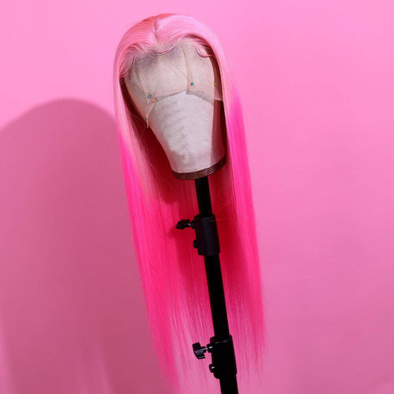 Ombre Pink Straight Transparent Lace Front Wigs 12A Virgin Human Hair