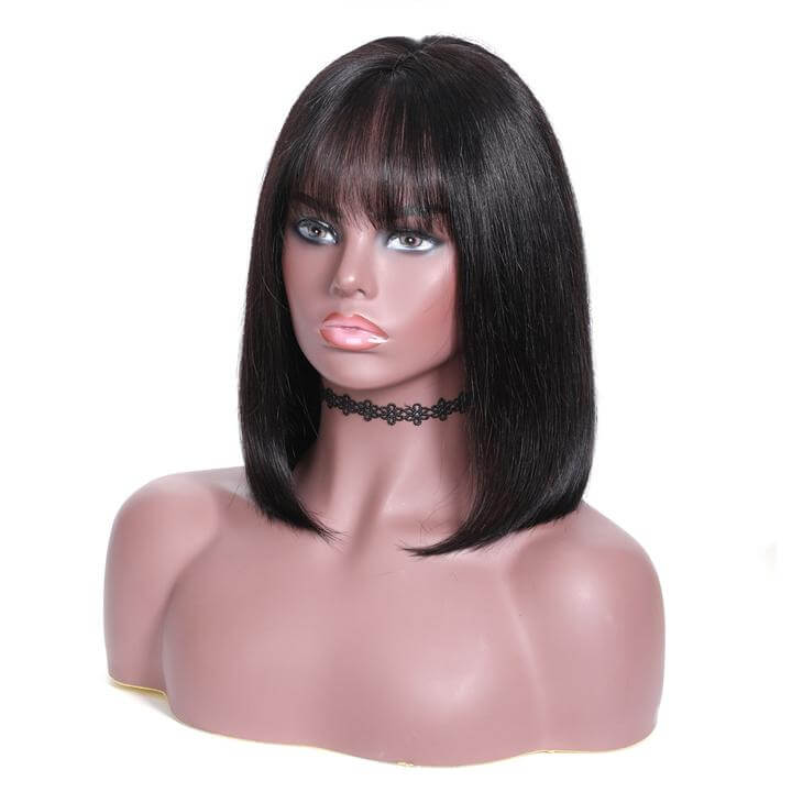 Silk Straight Bob Transparent Lace Front Wigs with Bangs 100% Virgin Human Hair