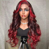 Long Highlight Red Burgundy Body Wave Lace Front Wigs 100% Virgin Human Hair