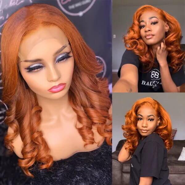 Orange Wave Long Hair Lace Front Wigs 100% Virgin Human Hair Wavy Wigs